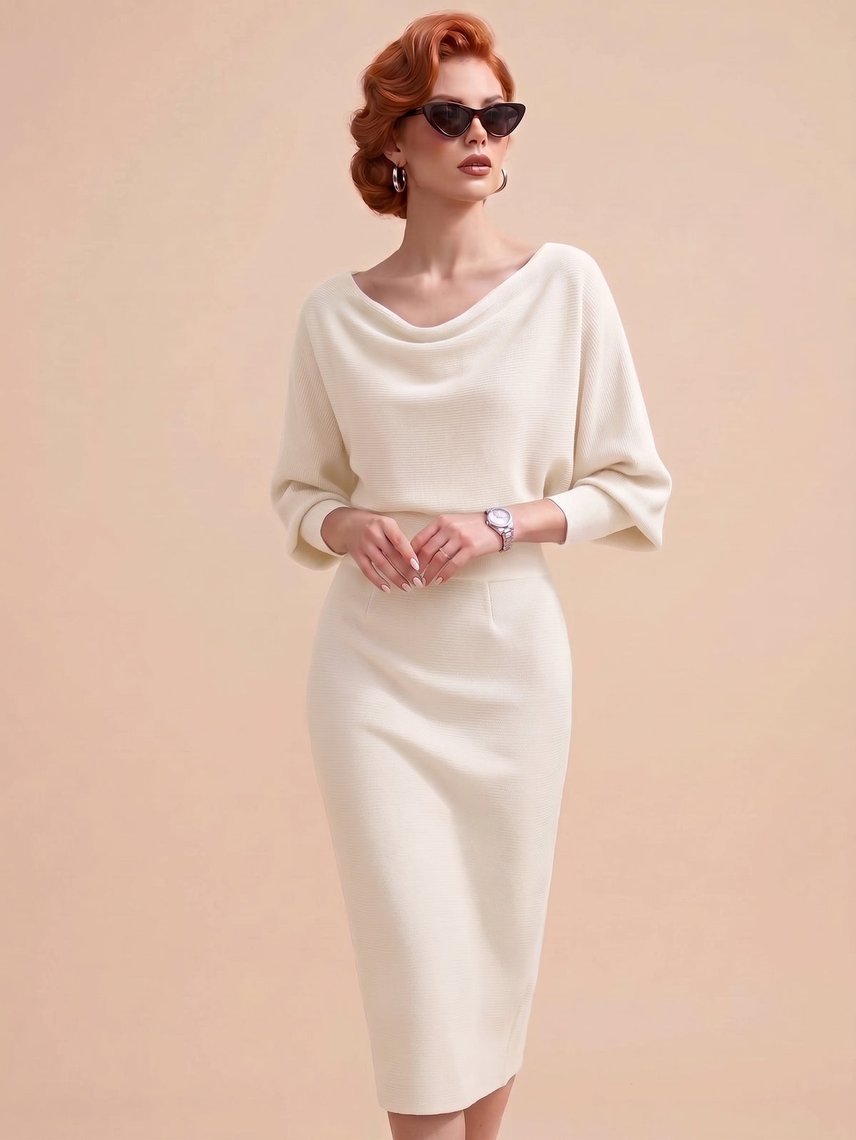 Women's Elegant Dress High Waist O-neck Three Quarter Sleeves Slim Fashion Simple Office Solid Color Female Mid-length Skirt