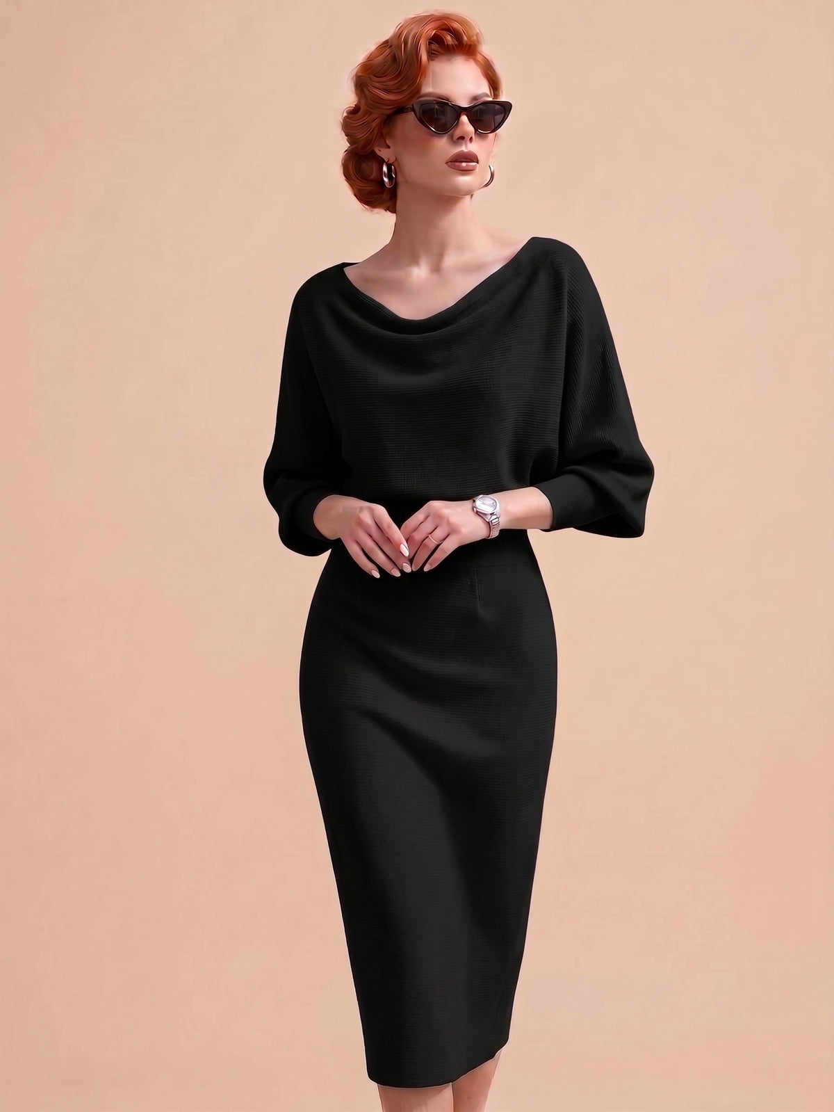Women's Elegant Dress High Waist O-neck Three Quarter Sleeves Slim Fashion Simple Office Solid Color Female Mid-length Skirt