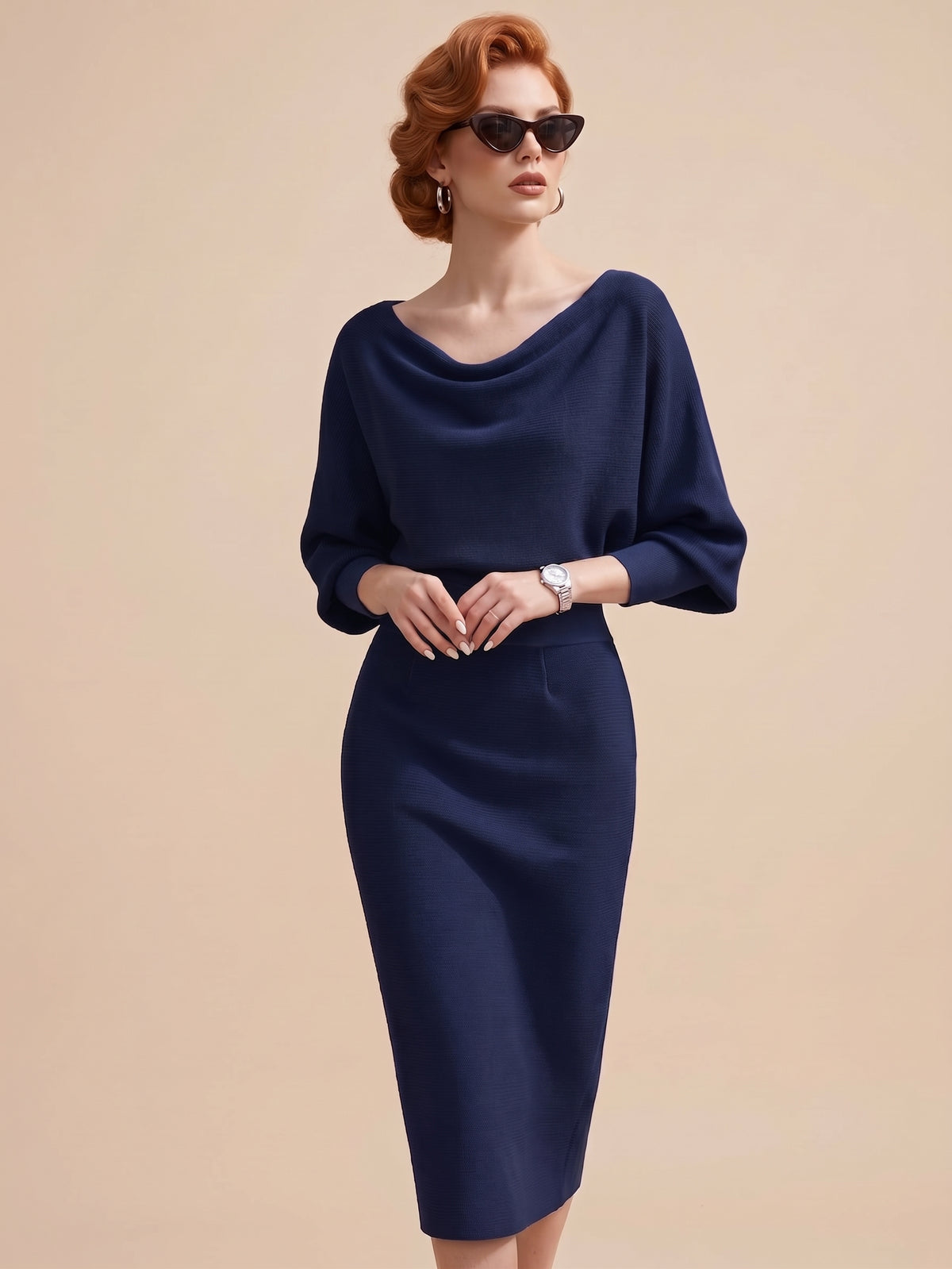 Women's Elegant Dress High Waist O-neck Three Quarter Sleeves Slim Fashion Simple Office Solid Color Female Mid-length Skirt
