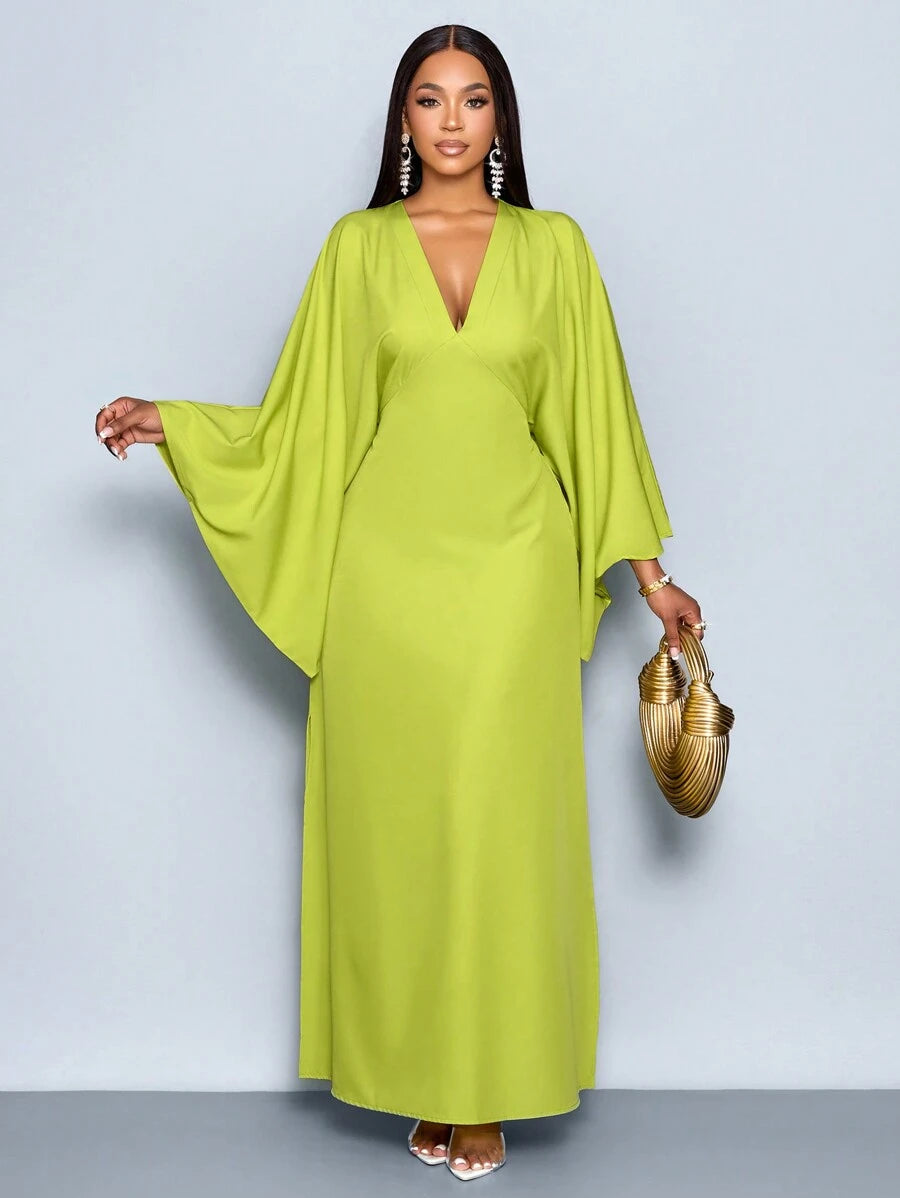 SOLERSUN Women's Deep V-Neck Flare Sleeve Dress Maxi Women Outfit