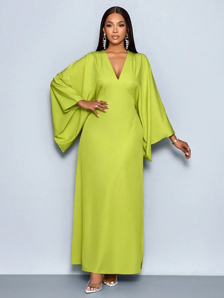 SOLERSUN Women's Deep V-Neck Flare Sleeve Dress Maxi Women Outfit