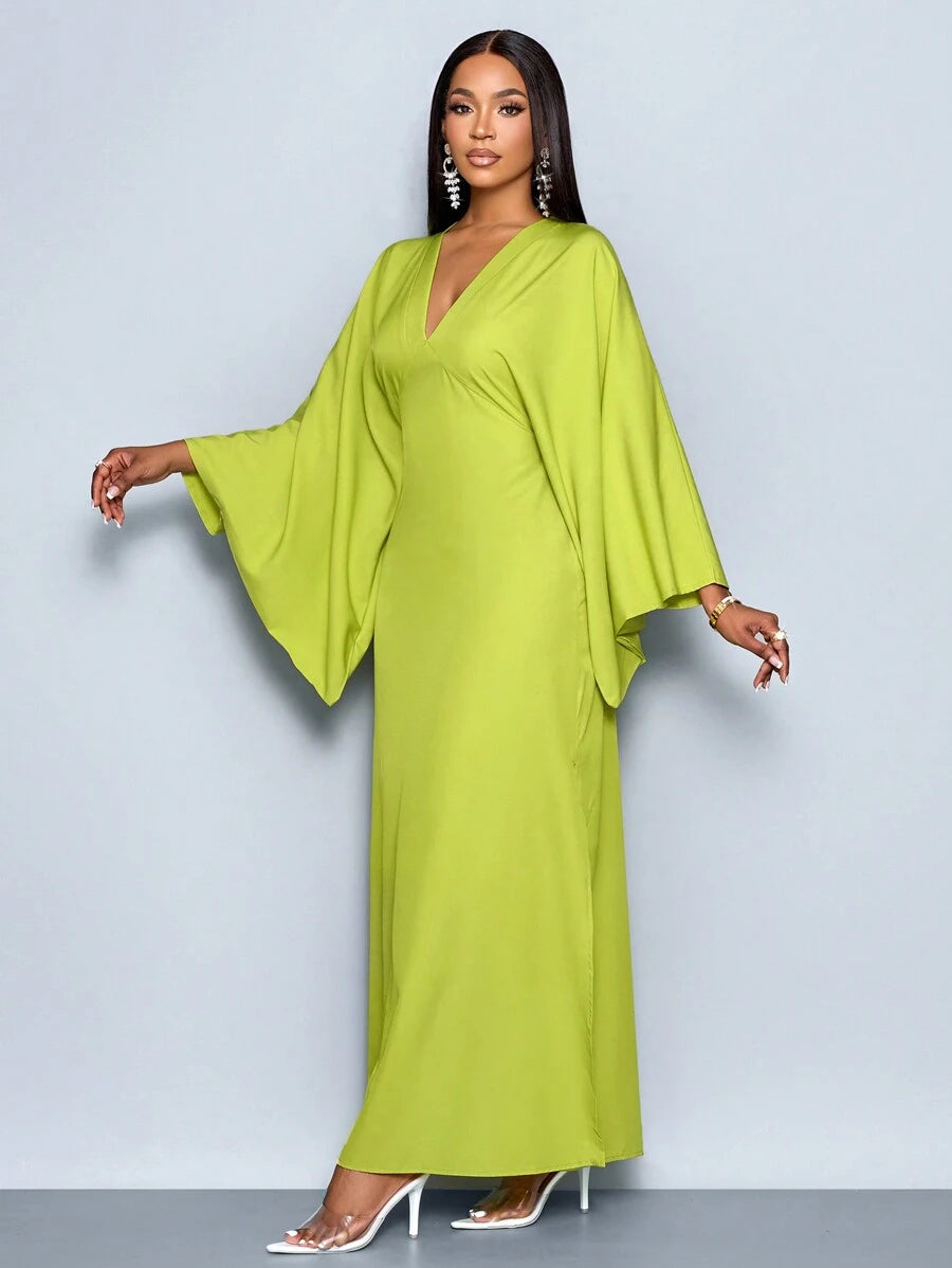 SOLERSUN Women's Deep V-Neck Flare Sleeve Dress Maxi Women Outfit