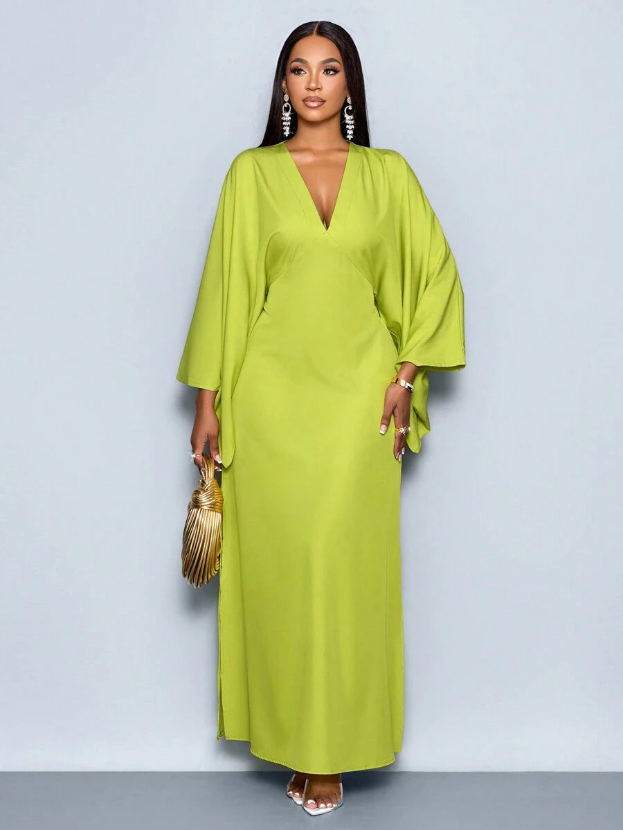 SOLERSUN Women's Deep V-Neck Flare Sleeve Dress Maxi Women Outfit