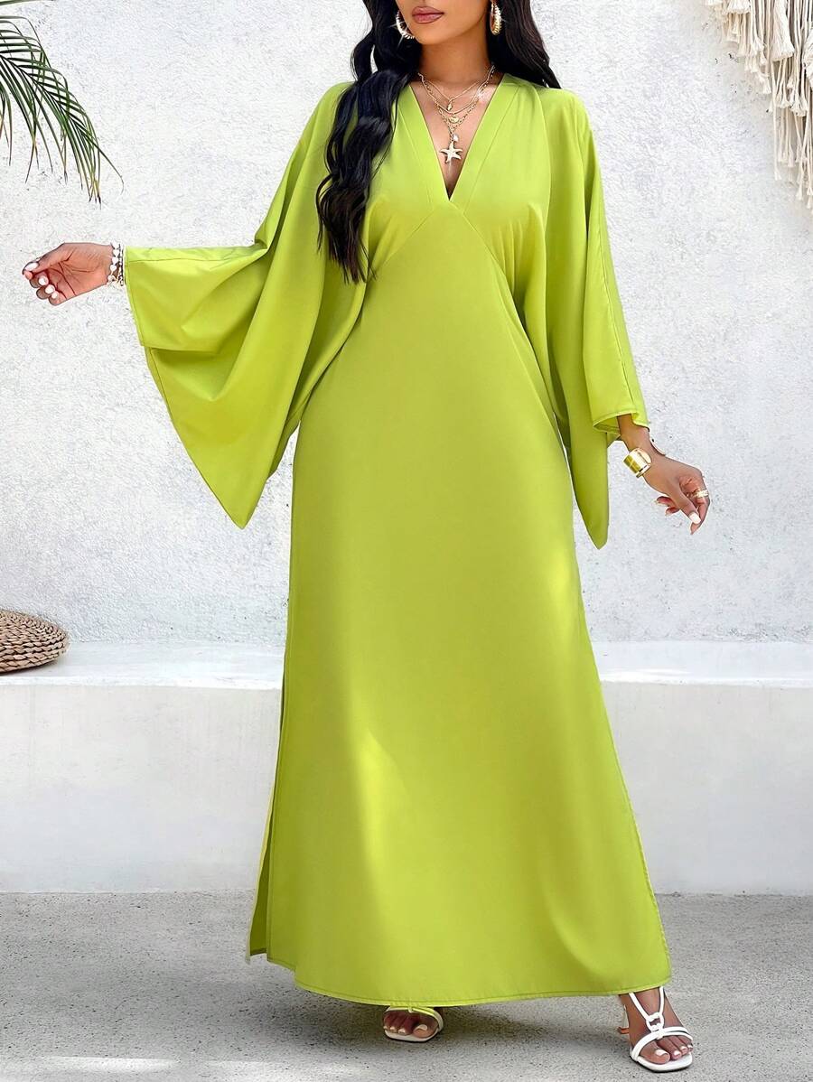 SOLERSUN Women's Deep V-Neck Flare Sleeve Dress Maxi Women Outfit
