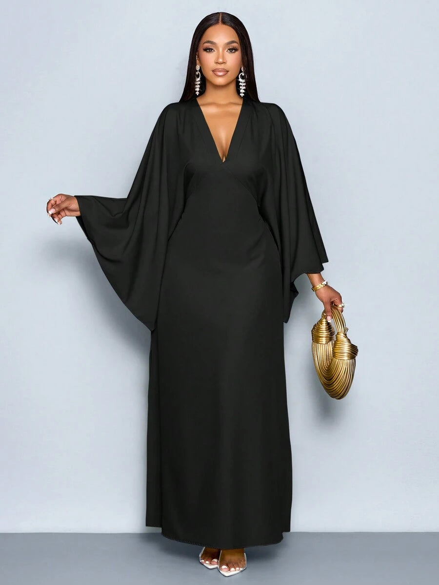SOLERSUN Women's Deep V-Neck Flare Sleeve Dress Maxi Women Outfit