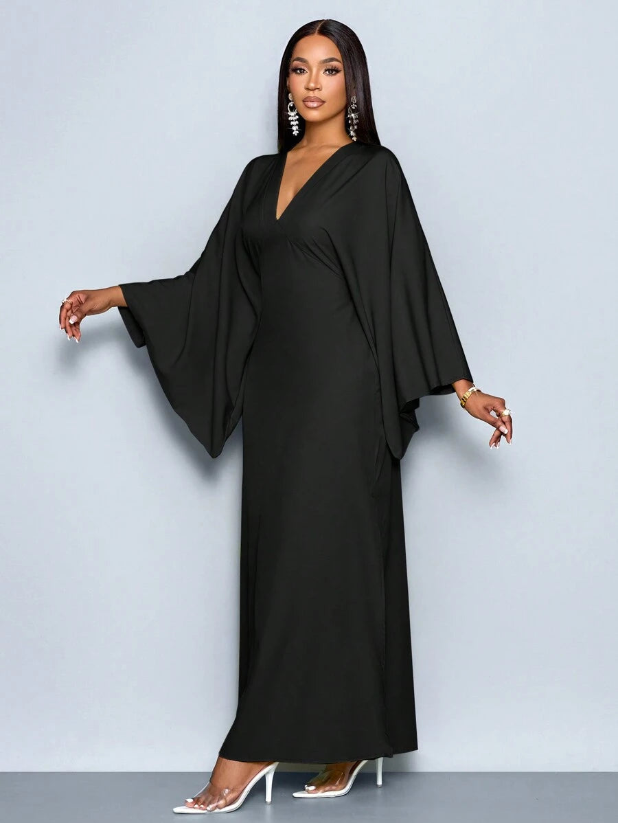 SOLERSUN Women's Deep V-Neck Flare Sleeve Dress Maxi Women Outfit