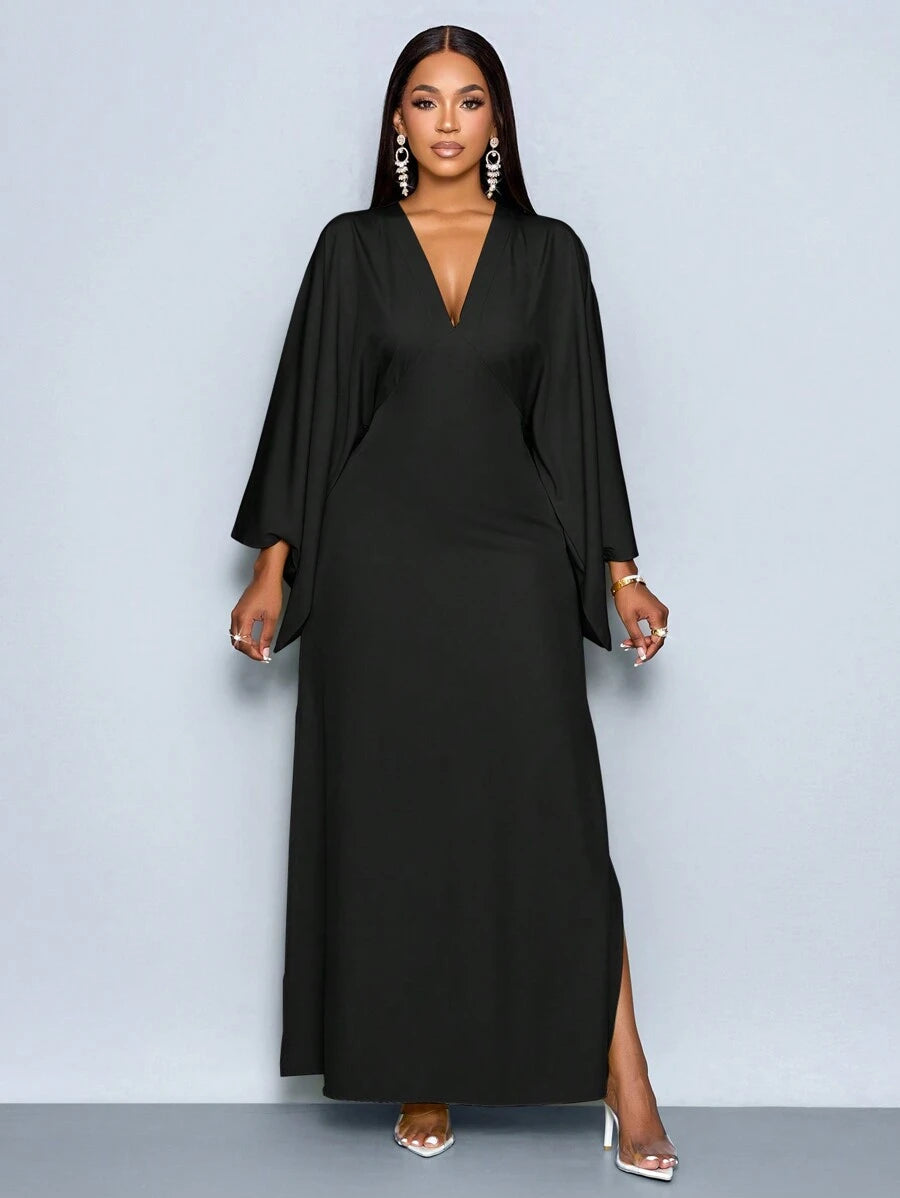 SOLERSUN Women's Deep V-Neck Flare Sleeve Dress Maxi Women Outfit