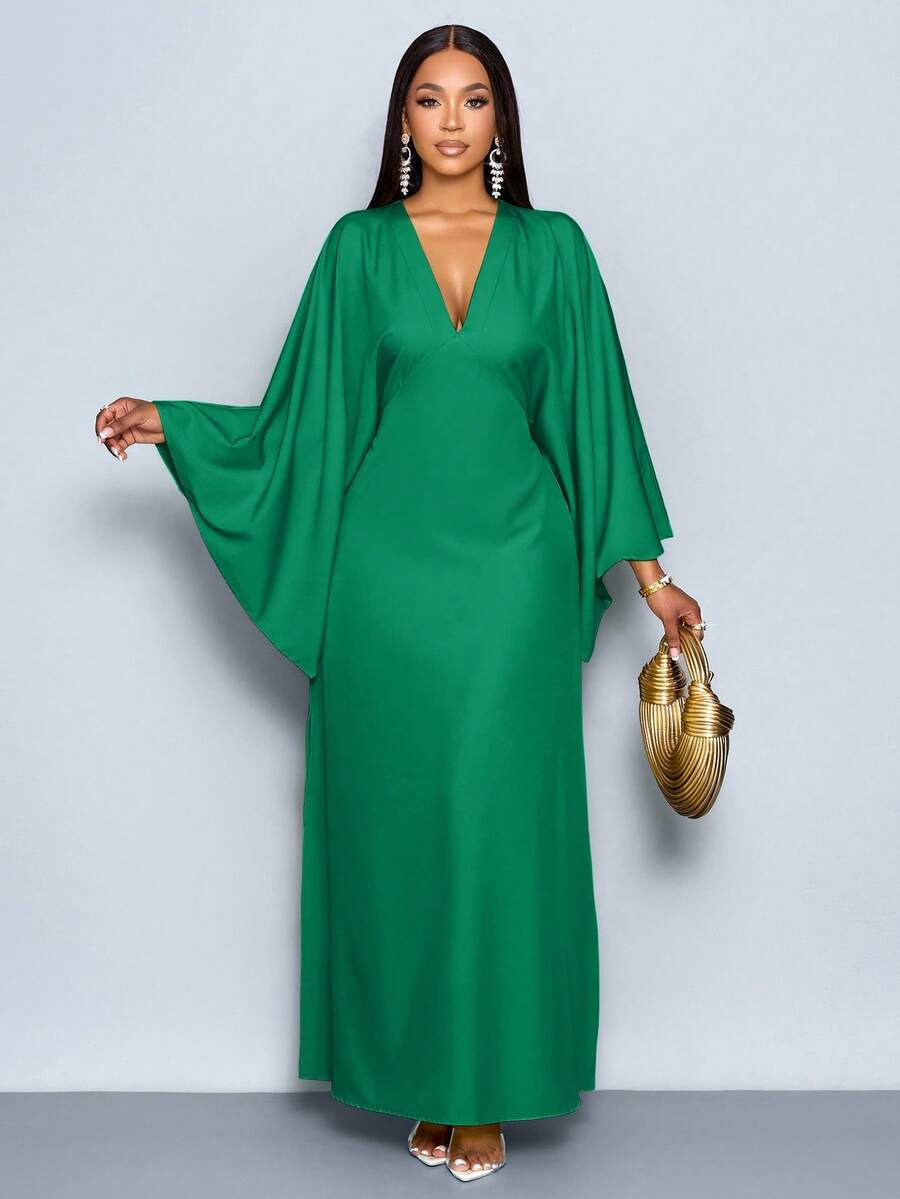 SOLERSUN Women's Deep V-Neck Flare Sleeve Dress Maxi Women Outfit