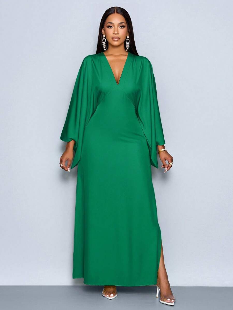SOLERSUN Women's Deep V-Neck Flare Sleeve Dress Maxi Women Outfit