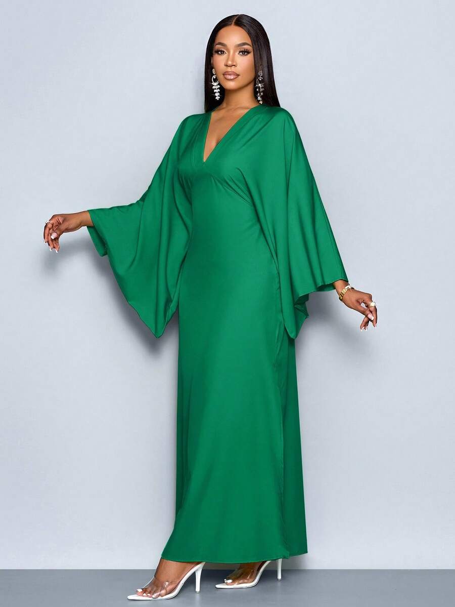 SOLERSUN Women's Deep V-Neck Flare Sleeve Dress Maxi Women Outfit