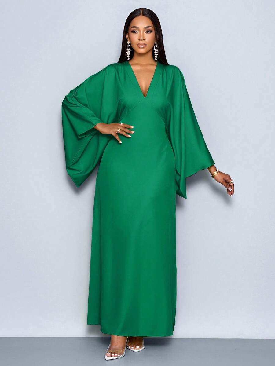 SOLERSUN Women's Deep V-Neck Flare Sleeve Dress Maxi Women Outfit