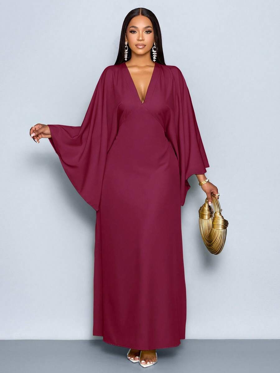 SOLERSUN Women's Deep V-Neck Flare Sleeve Dress Maxi Women Outfit