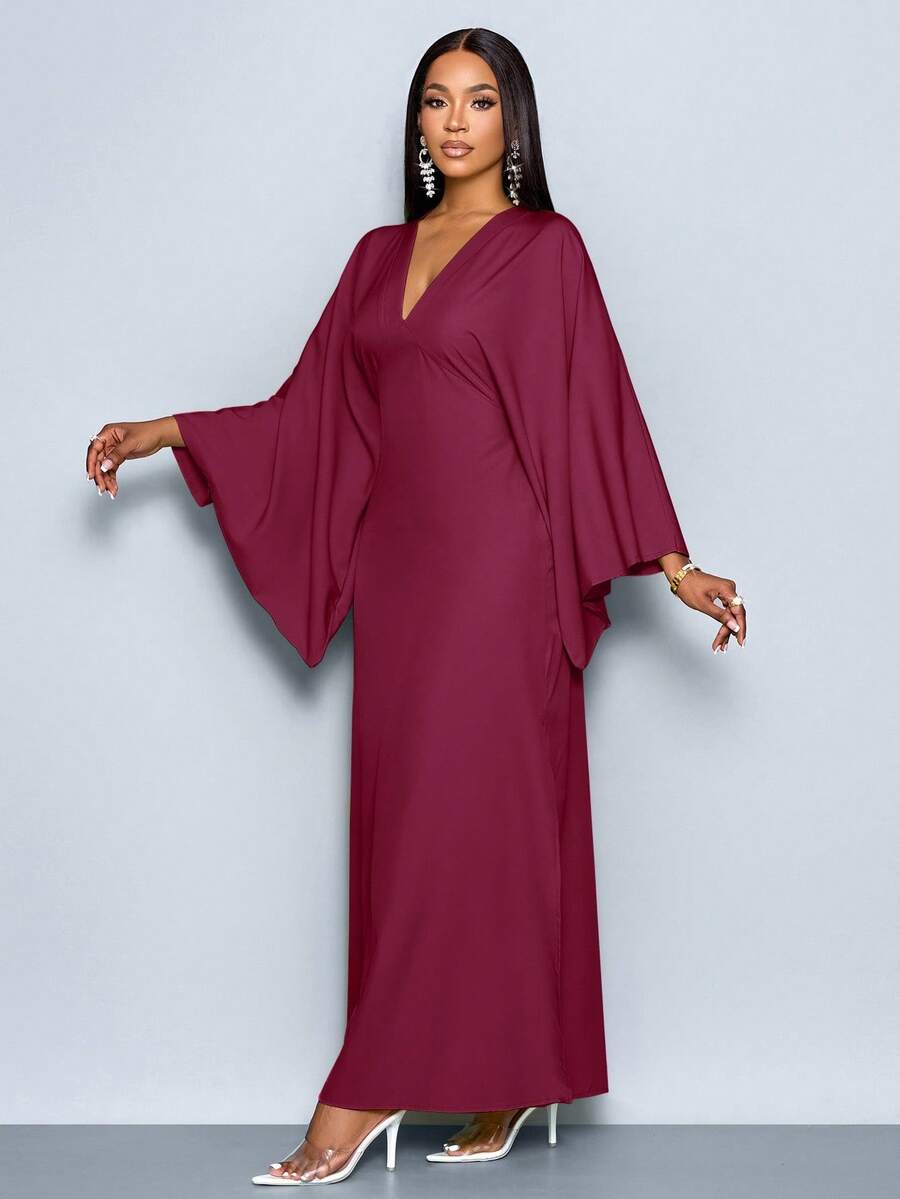 SOLERSUN Women's Deep V-Neck Flare Sleeve Dress Maxi Women Outfit