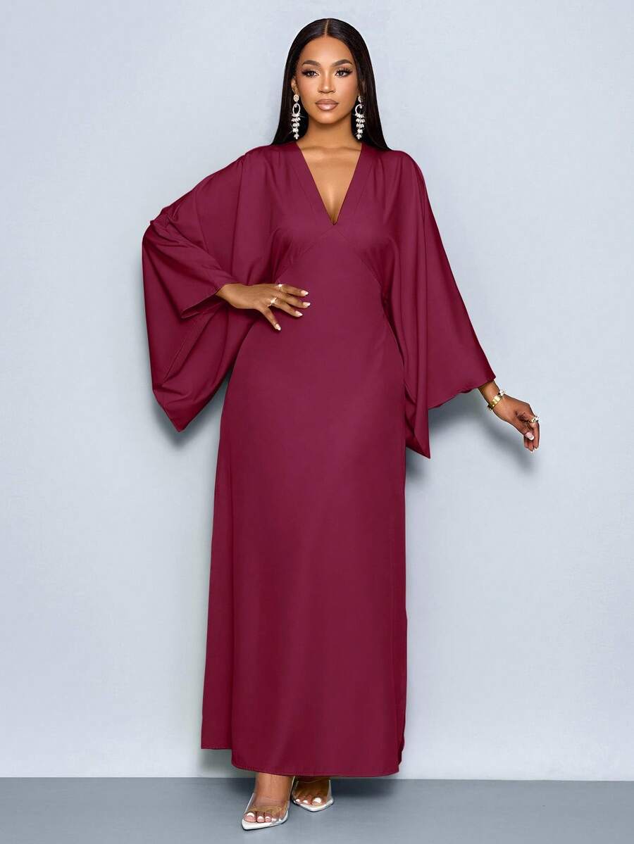SOLERSUN Women's Deep V-Neck Flare Sleeve Dress Maxi Women Outfit