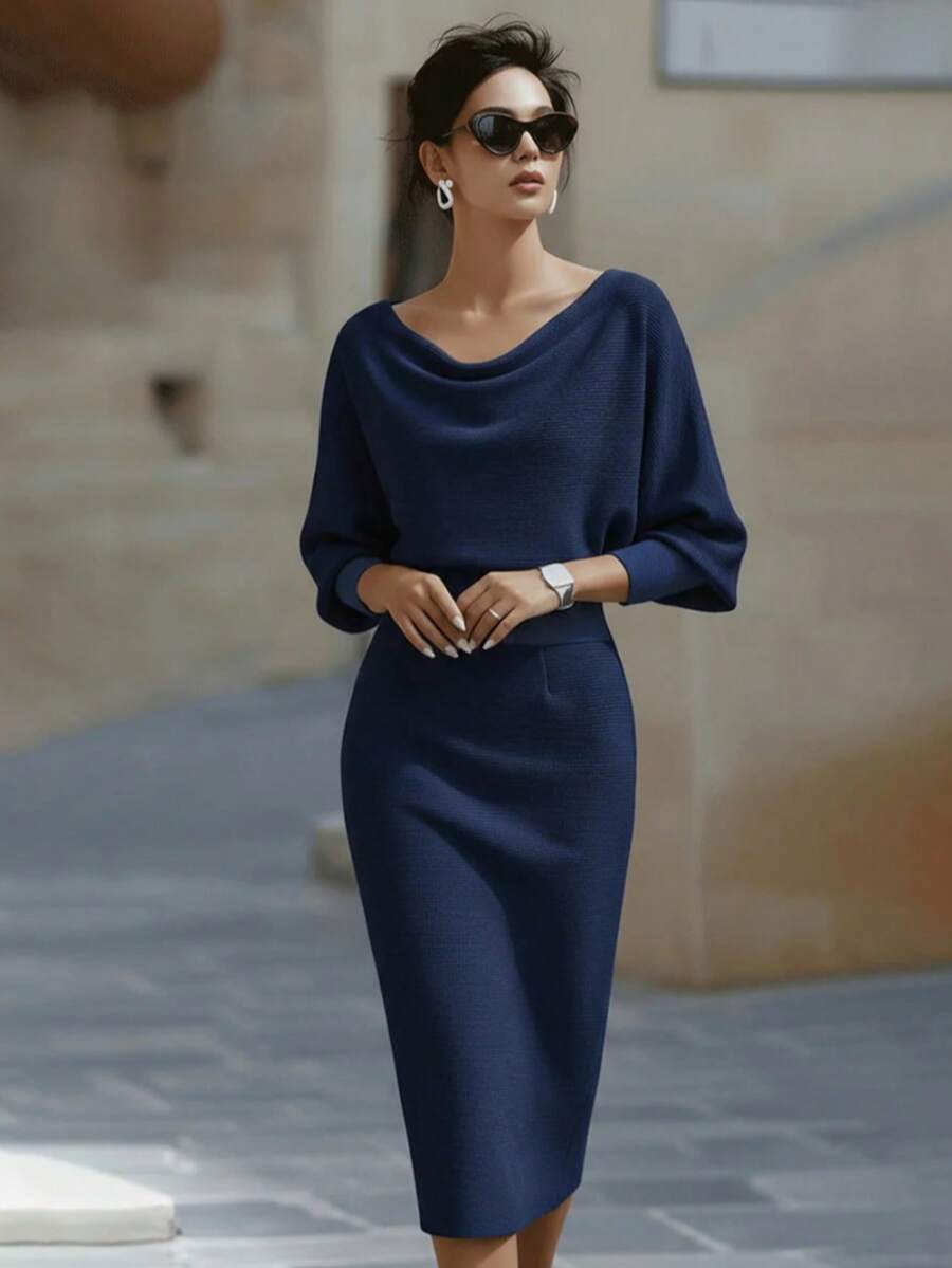Women's Fashionable Elegant V-Neck Long Sleeve Dress, Batwing Sleeve Design, Waist-Cinching, Sexy And Graceful