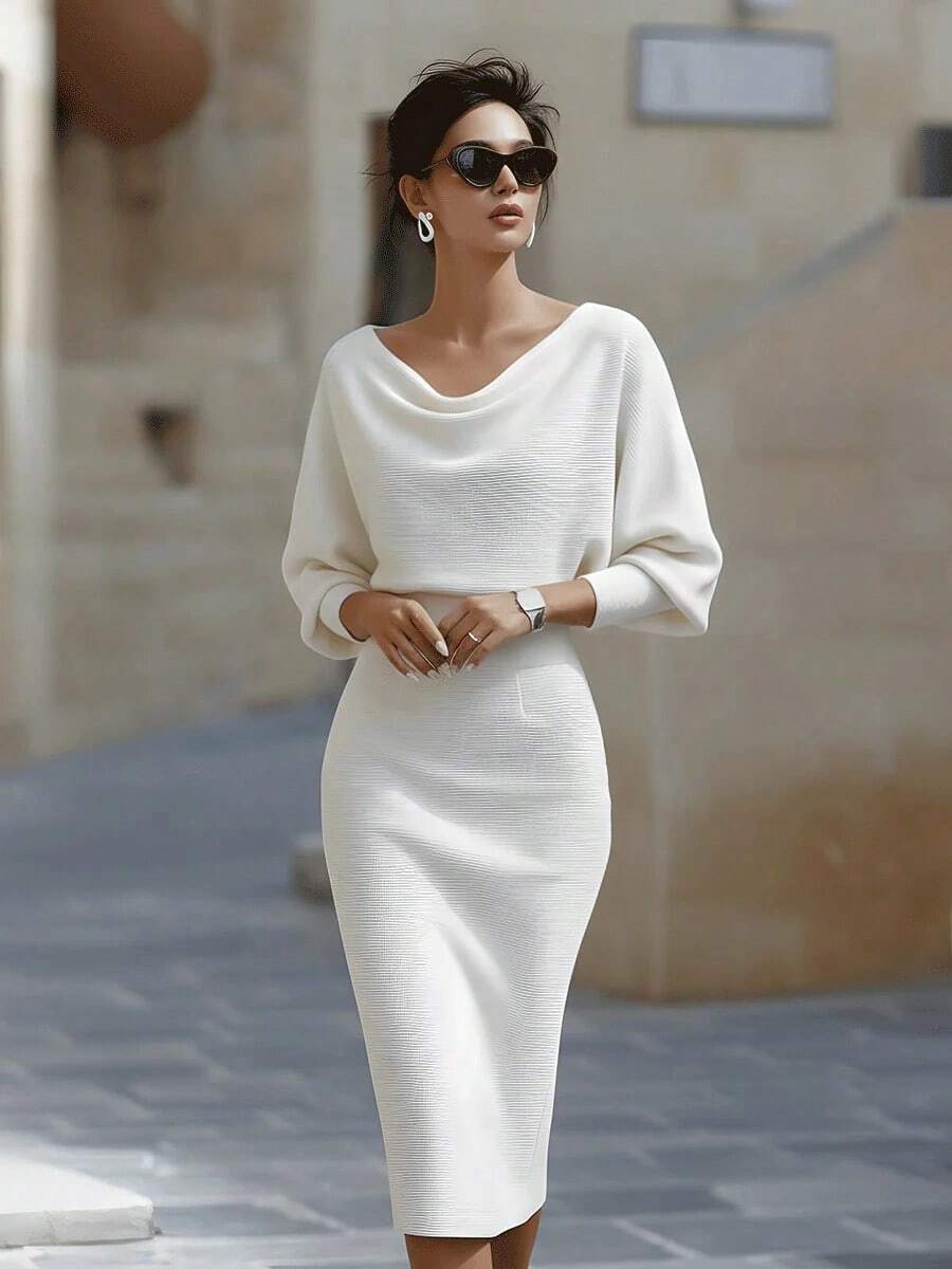 Women's Fashionable Elegant V-Neck Long Sleeve Dress, Batwing Sleeve Design, Waist-Cinching, Sexy And Graceful