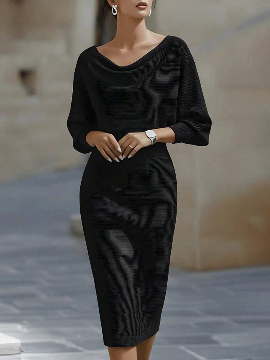Women's Fashionable Elegant V-Neck Long Sleeve Dress, Batwing Sleeve Design, Waist-Cinching, Sexy And Graceful