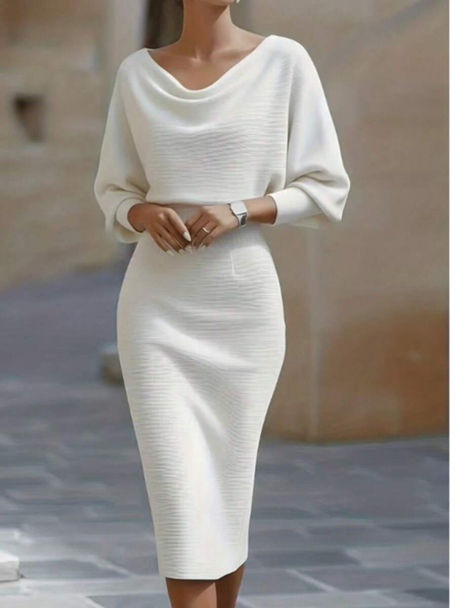 Women's Fashionable Elegant V-Neck Long Sleeve Dress, Batwing Sleeve Design, Waist-Cinching, Sexy And Graceful