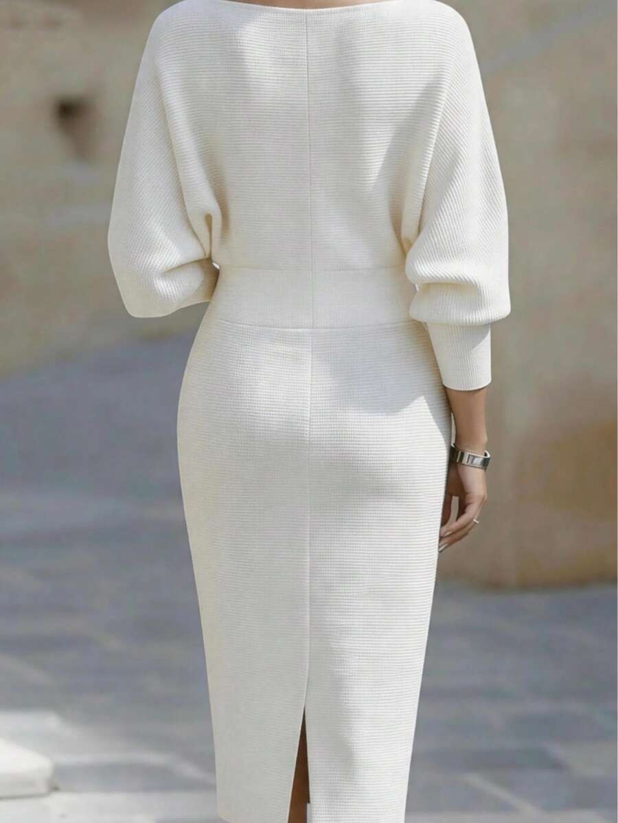 Women's Fashionable Elegant V-Neck Long Sleeve Dress, Batwing Sleeve Design, Waist-Cinching, Sexy And Graceful