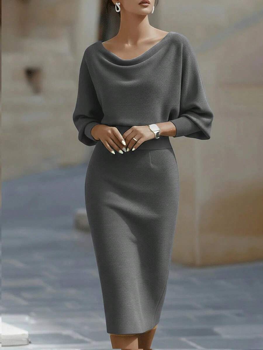 Women's Fashionable Elegant V-Neck Long Sleeve Dress, Batwing Sleeve Design, Waist-Cinching, Sexy And Graceful