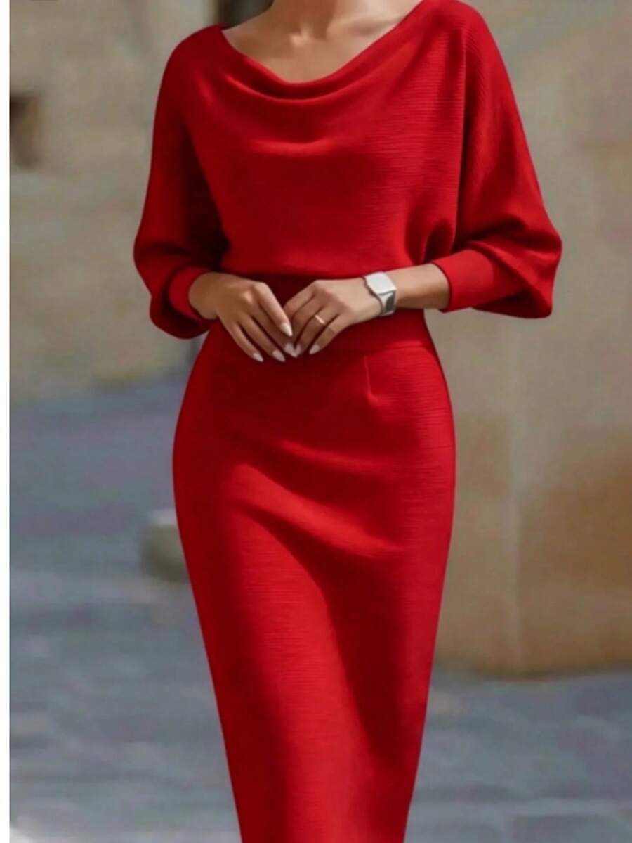 Women's Fashionable Elegant V-Neck Long Sleeve Dress, Batwing Sleeve Design, Waist-Cinching, Sexy And Graceful