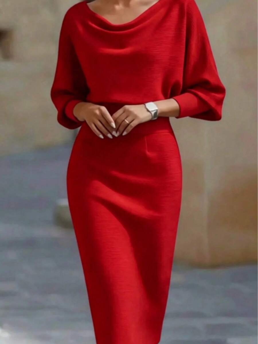Women's Fashionable Elegant V-Neck Long Sleeve Dress, Batwing Sleeve Design, Waist-Cinching, Sexy And Graceful