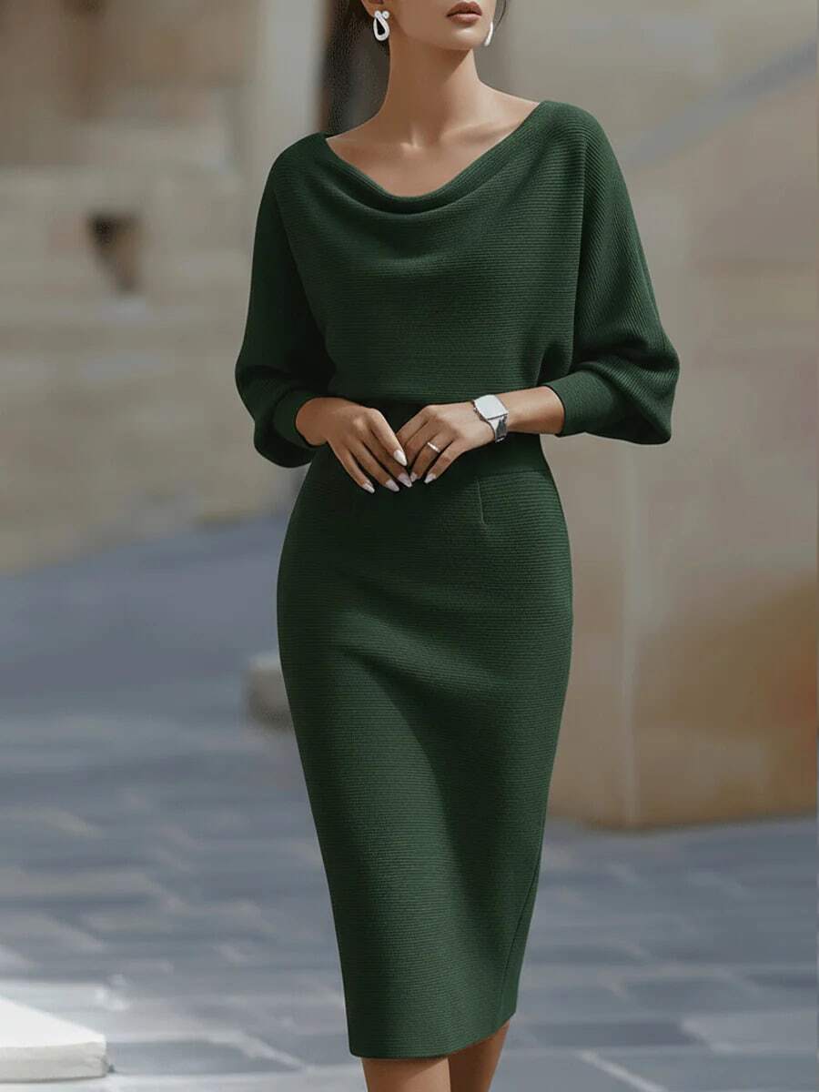 Women's Fashionable Elegant V-Neck Long Sleeve Dress, Batwing Sleeve Design, Waist-Cinching, Sexy And Graceful