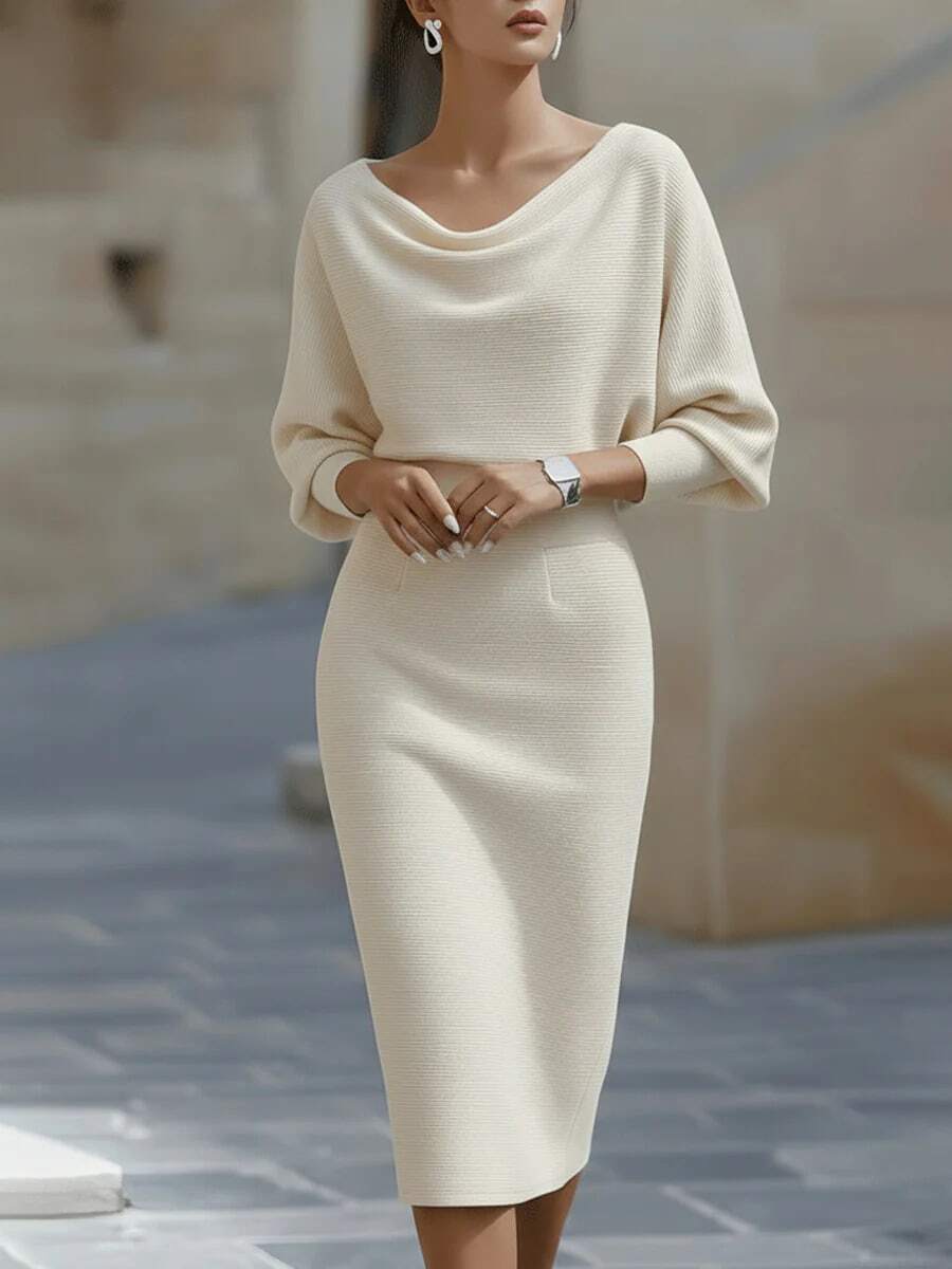 Women's Fashionable Elegant V-Neck Long Sleeve Dress, Batwing Sleeve Design, Waist-Cinching, Sexy And Graceful