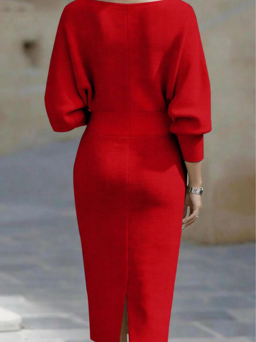 Women's Fashionable Elegant V-Neck Long Sleeve Dress, Batwing Sleeve Design, Waist-Cinching, Sexy And Graceful