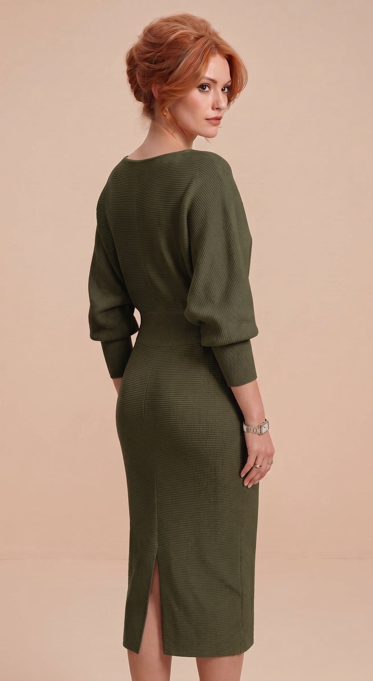 Women's Elegant Dress High Waist O-neck Three Quarter Sleeves Slim Fashion Simple Office Solid Color Female Mid-length Skirt