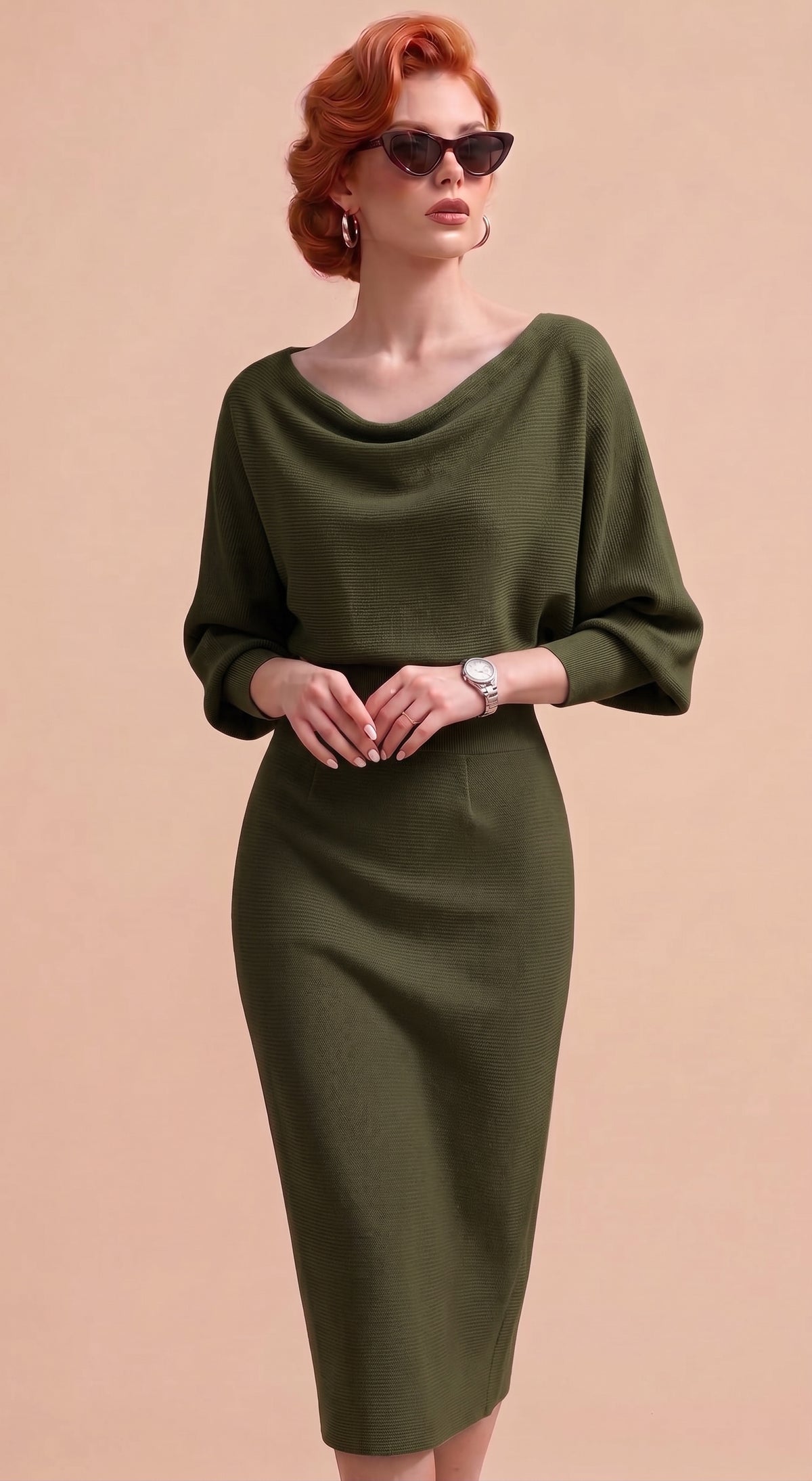 Women's Elegant Dress High Waist O-neck Three Quarter Sleeves Slim Fashion Simple Office Solid Color Female Mid-length Skirt