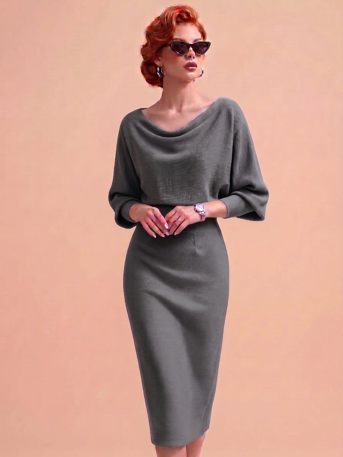 Women's Elegant Dress High Waist O-neck Three Quarter Sleeves Slim Fashion Simple Office Solid Color Female Mid-length Skirt